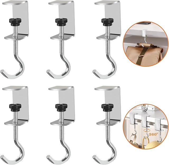6 Pcs Adjustable Table Hooks for Hanging Bags, Heavy Duty Metal Backpack Hooks for Desk