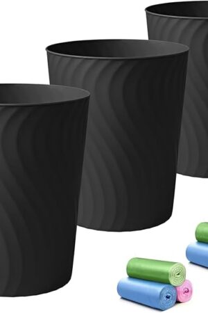 YGJT Small Trash Can, 3 Pack 1.8 Gallons Bathroom Trash Can, Slim Waste Basket, Round Garbage Can, Plastic Trash Bin for Kitchen, Dorm, Bedroom, Office, Living Room, Study, Compact Spaces(Black)