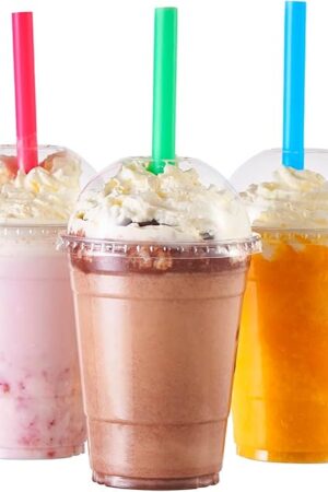 [100 Sets-16 oz.] Plastic Cups With Dome Straw Slot Lids PET Crystal Clear Disposable Togo Cup BPA Free For Party Ice Cold Drinks Coffee Tea Parfait Dessert Smoothie Bubble Boba Fruit Milkshake Slush