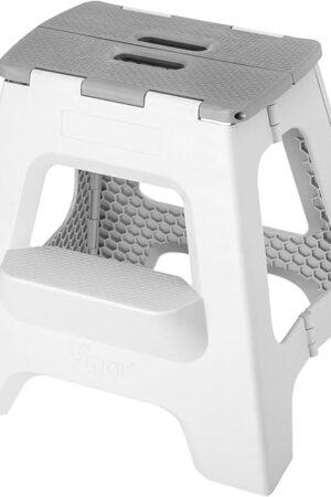Vigar Compact Step Stool Foldable, 16-inch Two-Step Stools for Adults up to 330 Pound, Lightweight Stool, Non-Slip Folding Step Stool, Gray