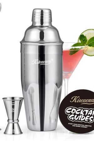 Cocktail Shaker, KITESSENSU 24oz Drink Shaker with Bartender Strainer, Measuring Jigger, Bar Mixing Spoon, Cocktail Recipe Guide, Professional Drink Mixer Set for Beginners, Silver