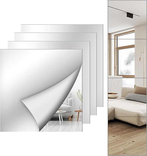 4 Pack Wall Mirror Full Length, 12 x 12 Inch Acrylic Mirror Tiles, Shatterproof Flexible Plastic Mirror Sheets for Bedroom Home Gym Door