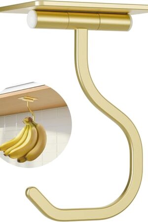 Banana Hook Under Cabinet - Adhesive Banana Hanger Under Counter, Metal Banana Holder Stand for Hanging Bananas or Kitchen Utensil, Keeps Bananas Fresh, Gold, 1 Pack