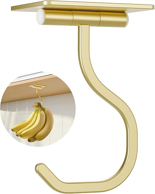 Banana Hook Under Cabinet - Adhesive Banana Hanger Under Counter, Metal Banana Holder Stand for Hanging Bananas or Kitchen Utensil, Keeps Bananas Fresh, Gold, 1 Pack