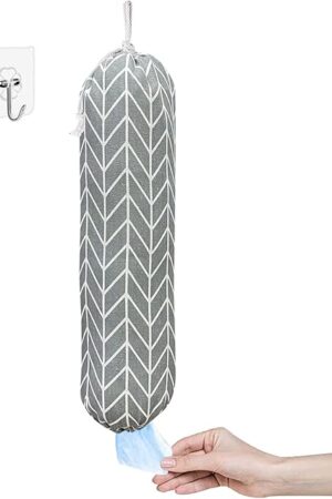 Wall Mount Plastic Grocery Bag Organizer/Holder,Washable Shopping Bags Carrier,Storage Dispenser ​for Home Kitchen Travelling, Free Adjustment with Drawstring, Large, Gray, 22x9"