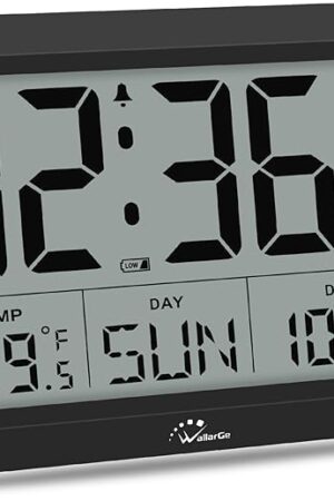 WallarGe Atomic Digital Wall Clock Battery Operated, Self-Setting, Large Display with Temperature, Date, Day of The Week, Silent Wall Mount Digital Clock, 4 Time Zones, DST