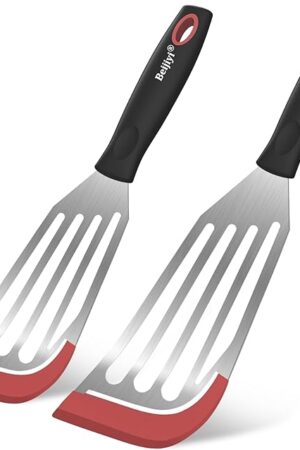Beijiyi Fish Spatula Turner Set of 2, Heat Resistant Silicone Edge Slotted Fish Spatulas for Nonstick Cookware, Flexible and Thin Stainless Steel Kitchen Cooking Spatula Flipper for Fish, Egg, Pancake