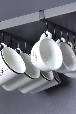 AliCH 2pcs Mug Hooks Under Cabinet Mug Holder Rack,Nail Free Adhesive Coffee Cups Holder Hanger for Cups/Kitchen Utensils/Ties Belts/Scarf/Keys Storage, Fit for 0.8inch Thickness Shelf or Less (Black)
