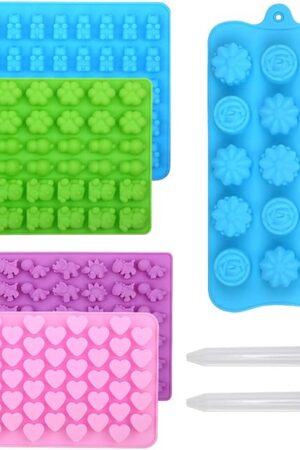 Alimat PluS Silicone Gummy Molds Candy Molds with 2 Droppers, Chocolate Molds Including Mini Dinosaur, Cat Claw, Hearts, Flowers, Bear Shape Gummie Molds, Pack of 5 for 210 Gummies