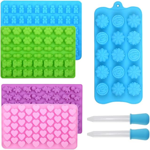 Alimat PluS Silicone Gummy Molds Candy Molds with 2 Droppers, Chocolate Molds Including Mini Dinosaur, Cat Claw, Hearts, Flowers, Bear Shape Gummie Molds, Pack of 5 for 210 Gummies