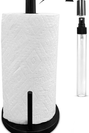 BluJaye 2 in 1 Attractive Paper Towel Holder with Spray Bottle - Matte Black Paper Towel Holder Countertop & Spray Bottle - Standing Paper Roll Mount for Kitchen & Bathroom - Rust-Resistant Metal Base
