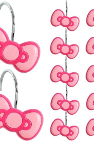 12-Piece Pink Bow Shower Curtain Hooks, Cute Stainless Steel Decorative Shower Hangers Rings for Bathroom Decor