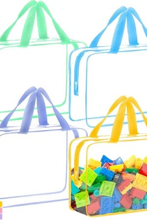 4 Packs Extra Large Toy Storage Bags with Zipper, Reusable Clear Plastic Toy Organizer Bag with Labels for Blocks, 11.8″×8.6″×3.9″ Travel Waterproof Organizer Bags for Puzzles, Cosmetics(4 Colors)
