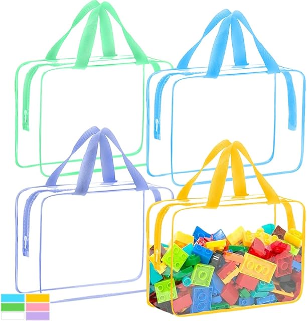 4 Packs Extra Large Toy Storage Bags with Zipper, Reusable Clear Plastic Toy Organizer Bag with Labels for Blocks, 11.8″×8.6″×3.9″ Travel Waterproof Organizer Bags for Puzzles, Cosmetics(4 Colors)