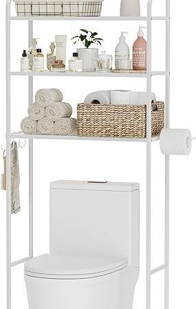 3-Tier Over The Toilet Storage, Bathroom Organizer, Space-Saving, Above Toilet Storage Rack with 4 Hooks and Paper Holder, Metal Shelf, White