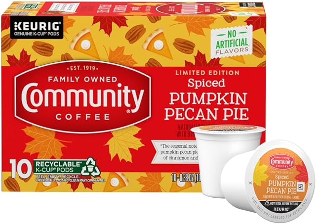 Community Coffee Spiced Pumpkin Pecan Pie Flavored Coffee Pods, 10 count, Medium Roast Compatible with Keurig 2.0 K-Cup Brewers (10 pods)
