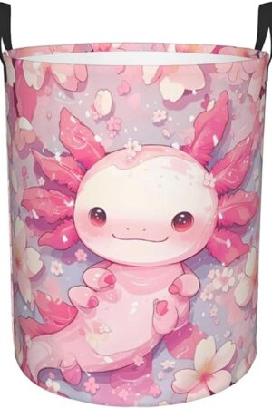 Axolotl Flower Laundry Hamper - Large Laundry Basket with Handles Waterproof Round Collapsible Clothes Storage Bin for Dirty Clothes, Towels, Pillows