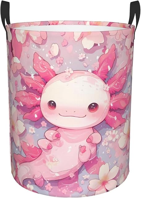 Axolotl Flower Laundry Hamper - Large Laundry Basket with Handles Waterproof Round Collapsible Clothes Storage Bin for Dirty Clothes, Towels, Pillows