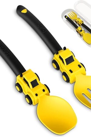 Construction Toddler Utensils - Toddler Forks and Spoons - Kids Construction Truck Toys - Forks and Spoons Silverware Set - Christmas Birthday Gift Kids Toys for 1 2 3 4 5 year old, Yellow