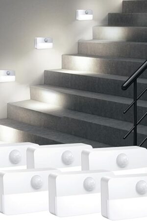 AMIR 6 Pack Mini Motion Sensor Stair Light for Indoor, Battery-Powered LED Night Light, 40 Lumen 6500K, Cordless Closet Lights, Safe Lights for Stairs, Hallway, Bathroom, Kitchen, Cabinet