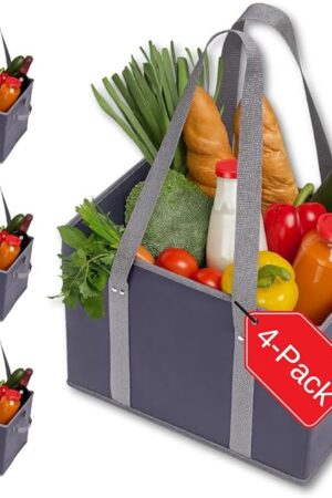 BAG-THAT! 4pk Reusable Grocery Bags Shopping Bags Tote Box Large Heavy Duty Groceries Bag Handles Foldable Reinforced Bottom (Navy Blue/Gray)