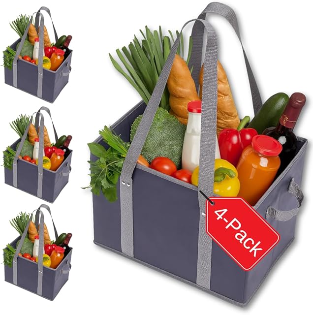BAG-THAT! 4pk Reusable Grocery Bags Shopping Bags Tote Box Large Heavy Duty Groceries Bag Handles Foldable Reinforced Bottom (Navy Blue/Gray)