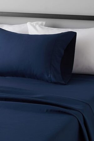 Amazon Basics Lightweight Super Soft Easy Care Wrinkle Free Microfiber 3 Piece Bed Sheet Set with 14-Inch Deep Pockets, Twin, Navy Blue, Solid, Kids, Men & Women Bedding