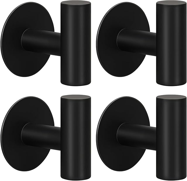 4 Pack Adhesive Hooks, Sticky Hooks Heavy Duty Adhesive, Waterproof Stainless Steel for Bedroom Kitchen Hotel Office(4 Pack, Matte Black)