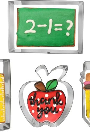 Back to School Cookie Cutters Set, 4PCS Themed Shapes with Apple, Pencil, Ruler,Chalkboard Stainless Steel Teacher Biscuit Cutter