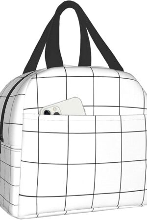 White Lunch Box Insulated Checkered Lunch Bag, Reusable Snack Bag Food Container For Boys Girls Men Women School Work Travel Picnic Waterproof Outdoor Tote Handbags For Adults Kids
