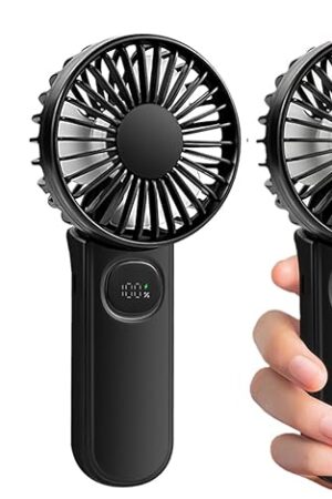 [2-packs Portable Handheld Fan] Personal Hand Held Fan for Travel, Foldable Eyelash Neck Fan with Digital Display, Lanyard, 5 Speeds, 180° Adjustable, 3-12h Working Time, Rechargeable Battery Operated
