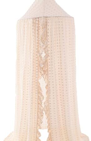 Wonder Space Elegant Kids Bed Canopy - Lace Chiffon Netting with Pom Pom, Princess Girls Fairy Dream Tent, Nursery Room Baby Crib Hanging Curtain Mosquito Net Children Reading Nook Decoration (Beige)