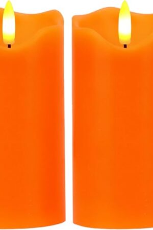VEEKI Flameless Candles Light, Set of 2 6"x3" Flickering Fall LED Candles with Remote & Timer, Dimmable Pillar Candles Battery Operated, Orange Candles for Fall Halloween Thanksgiving Decor (Orange)