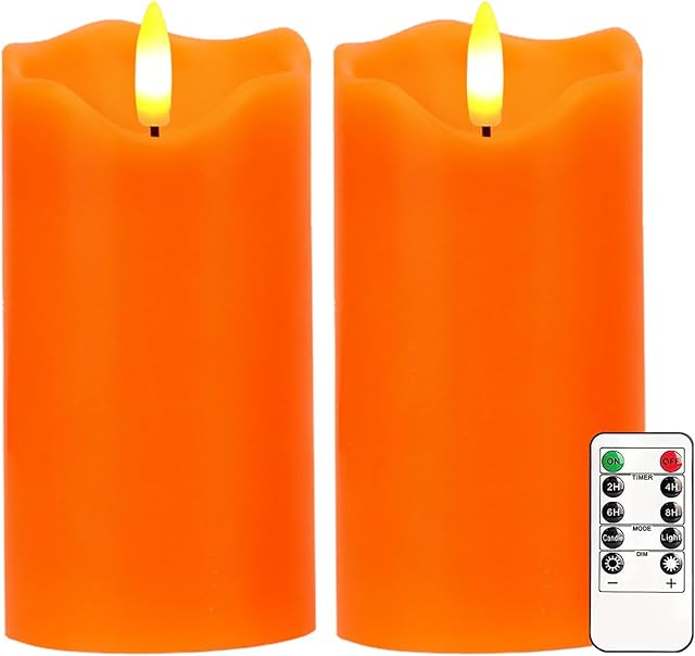 VEEKI Flameless Candles Light, Set of 2 6"x3" Flickering Fall LED Candles with Remote & Timer, Dimmable Pillar Candles Battery Operated, Orange Candles for Fall Halloween Thanksgiving Decor (Orange)