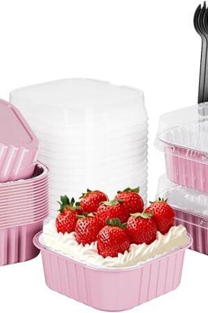 15 Pack Square Mini Cake Pans with Lids,Mini Loaf Pans with Lids,Disposable Ramekins Cupcake Cups,Aluminum Foil Baking Cups,Muffin Tins,Dessert Cups for Wedding Birthday Party Picnics,10oz (Pink)