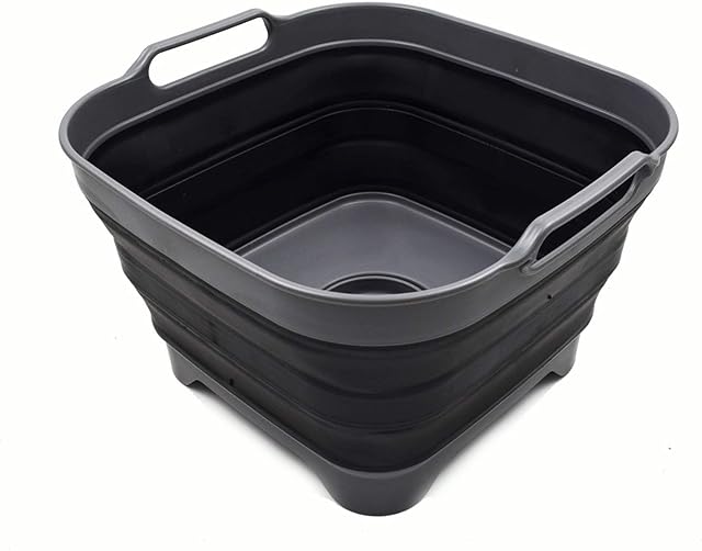 SAMMART 10L (2.64 gallon) Collapsible Dishpan with Draining Plug - Foldable Washing Basin - Portable Dish Washing Tub - Space Saving Kitchen Storage Tray (1, Grey/Black)