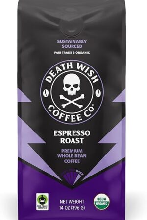 Death Wish Coffee, Whole Bean Espresso Roast - Organic, Fair Trade, Arabica and Robusta Coffee Beans, 14 ounce (Pack of 1)