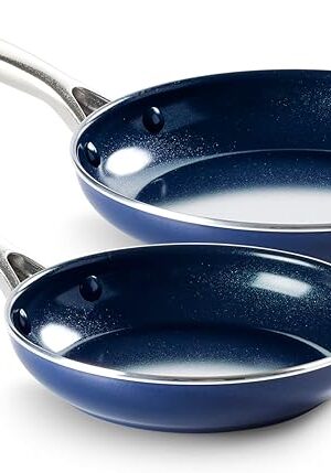 Blue Diamond 9.5? & 11" Nonstick Frying Pan Skillet Set, Diamond Infused PFAS & PTFE-Free Ceramic Pots & Pans, Dishwasher & Oven Safe, Stay Cool Handles, Durable Non Toxic Metal Utensil Safe, Blue