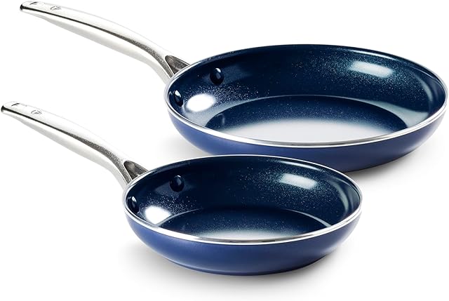 Blue Diamond 9.5? & 11" Nonstick Frying Pan Skillet Set, Diamond Infused PFAS & PTFE-Free Ceramic Pots & Pans, Dishwasher & Oven Safe, Stay Cool Handles, Durable Non Toxic Metal Utensil Safe, Blue