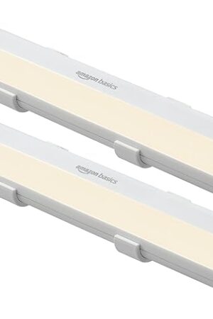 Amazon Basics LED Stick On Lights, Battery Operated, Wireless, 65 Lumens, Portable Light, Under Cabinet Lighting, Closet, Kitchen, 2 Pack, White