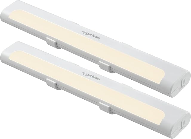 Amazon Basics LED Stick On Lights, Battery Operated, Wireless, 65 Lumens, Portable Light, Under Cabinet Lighting, Closet, Kitchen, 2 Pack, White