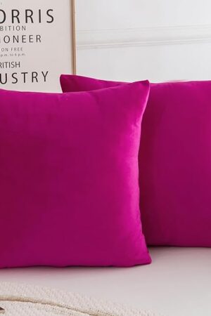 Velvet Decorative Throw Pillow Covers, Soft Square Cushion Case Home Decor for Living Room Couch Bed Sofa, Set of 2 Pack, Hot Pink, 18x18 Inch