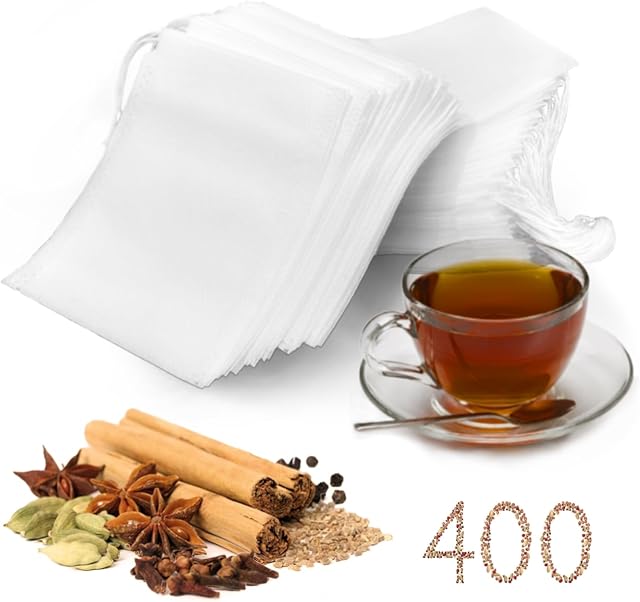 400Pcs Tea Filter Bags, Disposable Tea Filter Bags for Loose Leaf Tea from Safe Natural Materials, With Drawstring, Empty Tea Bags Suitable for Loose-Leaf Tea, Spices, Herbs (3.54 x 2.75 inch)
