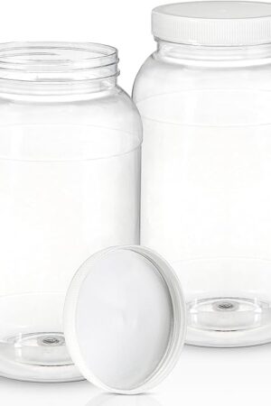ZOOFOX 2 Pack Plastic Jars with Lids, 1 Gallon Wide Mouth Storage Containers, Empty Plastic Jars for Kitchen & Household Storage of Dry Goods, Peanut, Candy, Noodles