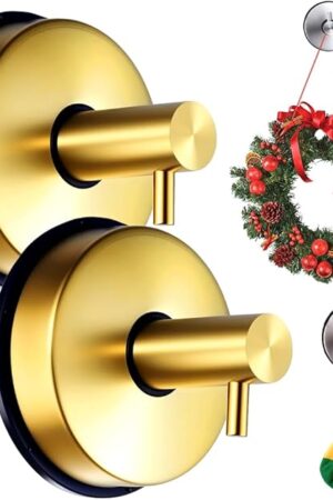 2PCS Suction Cup Hooks for Door Wreaths on Glass Suction Cup Hooks for Shower,2025 Hanging Towels for Window Door Bathroom Mirrors Christmas,Wreath Hanger Holder for Daily Use (Gold-2pc)