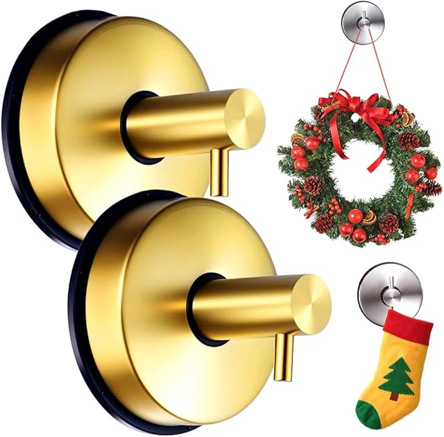 2PCS Suction Cup Hooks for Door Wreaths on Glass Suction Cup Hooks for Shower,2025 Hanging Towels for Window Door Bathroom Mirrors Christmas,Wreath Hanger Holder for Daily Use (Gold-2pc)