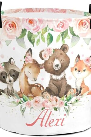 Woodland Animals Pink Blush Floral Round Storage Basket Personalized Name Laundry Basket Waterproof Nursery Hamper with Handle for Living Room Bedroom and Clothes