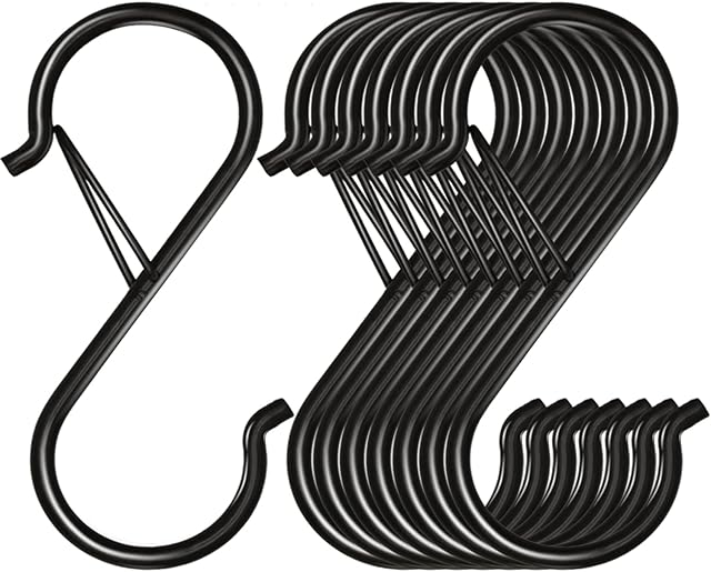 8 Pack S Hooks for Hanging, 3.5 inch Heavy Duty Metal S Hooks with Safety Buckle S Shaped Hooks Pot Rack Closet Hooks for Hanging Plants, Clothes, Kitchen Utensil, Pots, Pans, Bags (Black)