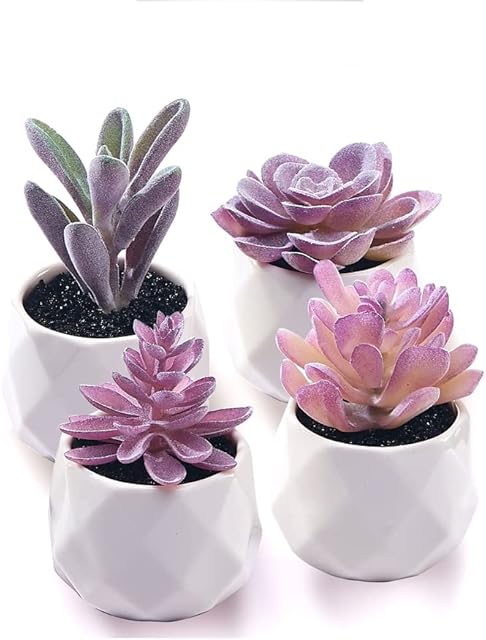 CADNLY Fake Succulent Plant Set - Artificial Desk Plants for Women Desk - Realistic Faux Succulents in Ceramic Pots - Mini Purple Decor for Bedroom Bathroom Office Shelf 4 Pack
