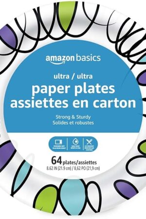Amazon Basics Ultra Paper Plates, 8.62 Inch, Disposable, 64 Count